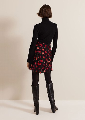 Phase Eight Ilaria Rose Print Flippy Skirts Black Canada | ARZVTK-784